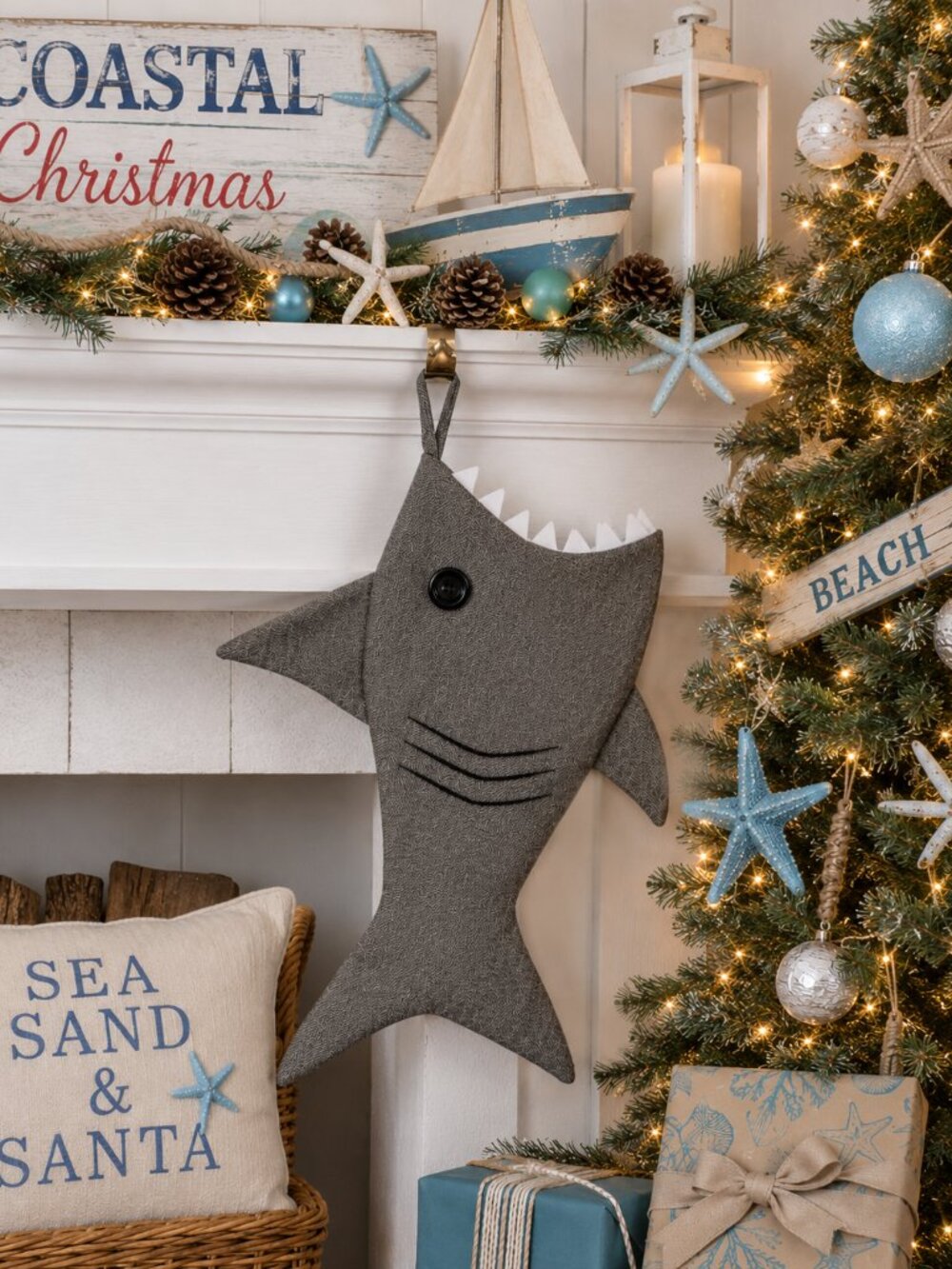 Shark Christmas Stocking Coastal Nautical Holiday Decor Gray Fabric Walmart NWT
